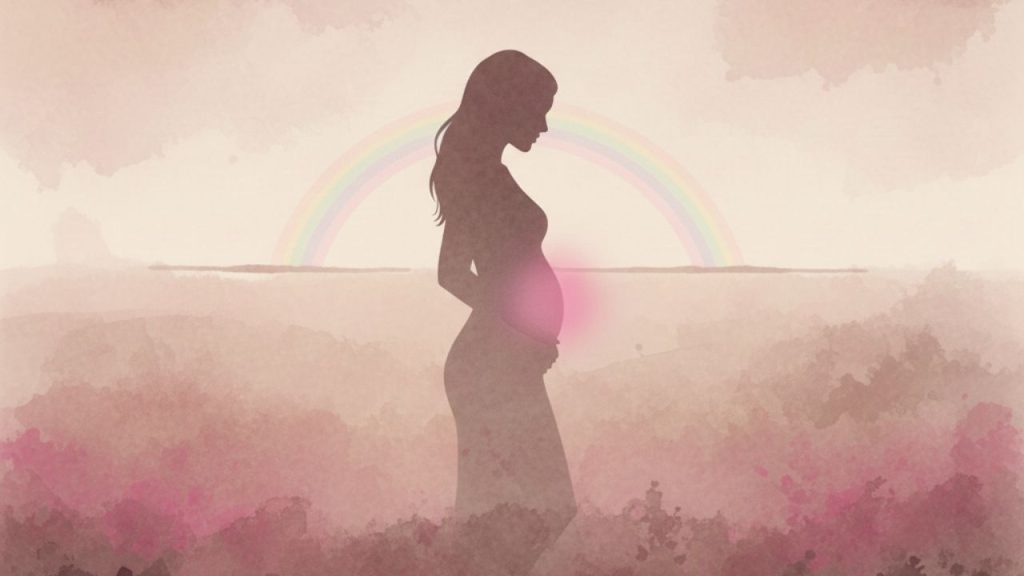 Silhouette femminile con bagliore nel ventre, paesaggio etereo rosa e marrone, simbolo lutto prenatale e speranza.